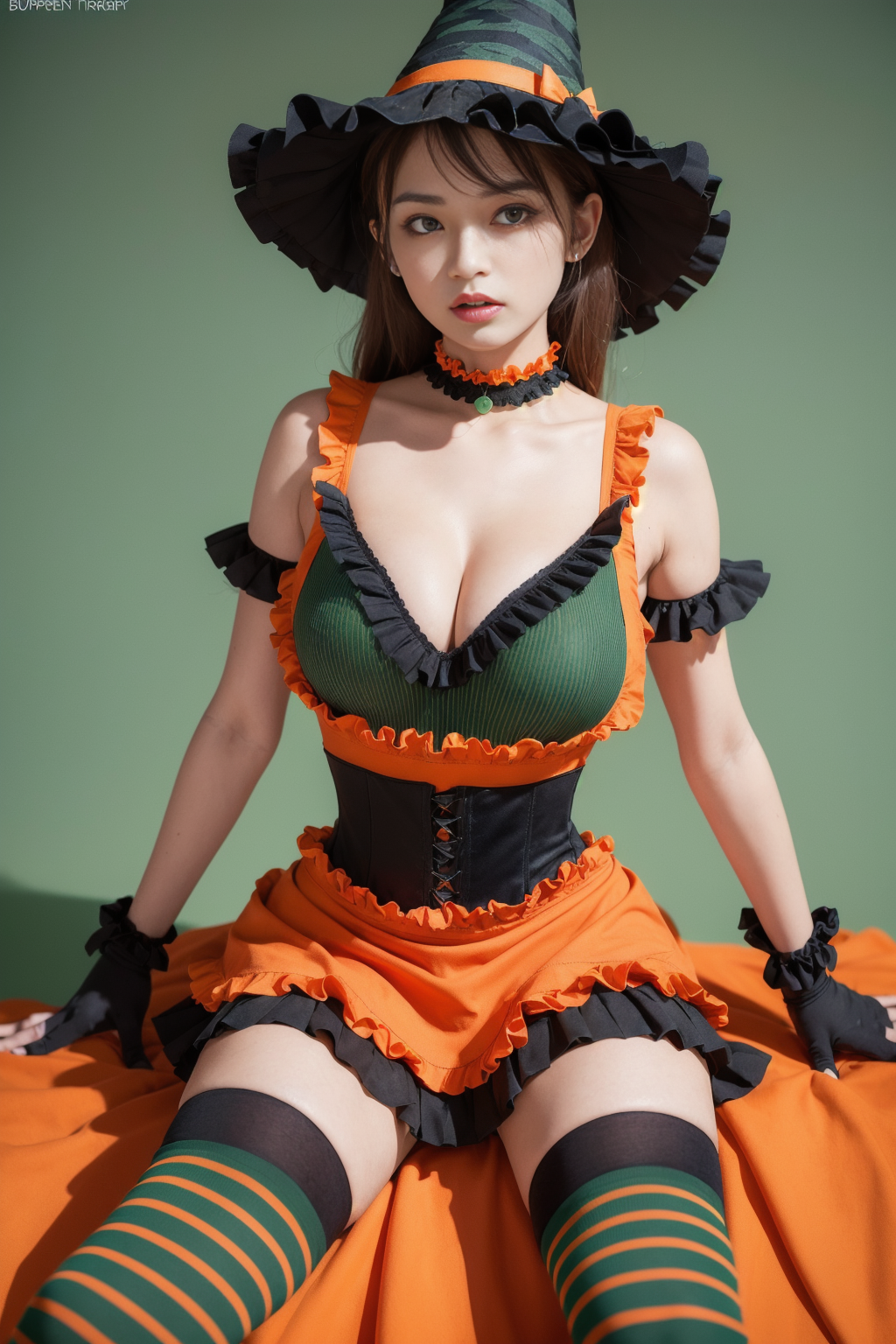 1 japanese girl,  large_breasts, lingerie, lipsparted_lips,sitting, sky, spread_legs, thighhighs, thighs, watermark,
BREAK
（eye focus,Character focus, (looking_at_viewer:1.2), <lora:add_detail:0.8> ,
(orange and deep-green theme:1.2), (fusion of witch costume and dirndl:1.3), (black theme:1.1), ((black witch-hat, black pointy hat) with ribbon:1.4), (orange apron over skirt:1.4), (deep-green (ruffle-skirt, multilayer-skirt):1.4), ((bustier, waist cincher):1.3), (white short puff-sleeve:1.3), (deep-green and orange striped-pattern over-knee-socks:1.3), ((black evening-glove, choker, frills):1.2), (black High-heels:1.1), (Halloween print on apron:1.3),
