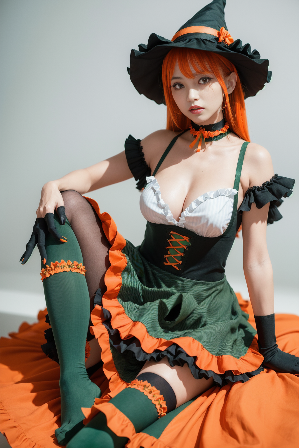 1 japanese girl,  large_breasts, lingerie, lipsparted_lips,sitting, sky, spread_legs, thighhighs, thighs, watermark,
BREAK
（eye focus,Character focus, (looking_at_viewer:1.2), <lora:add_detail:0.8> ,
(orange and deep-green theme:1.2), (fusion of witch costume and dirndl:1.3), (black theme:1.1), ((black witch-hat, black pointy hat) with ribbon:1.4), (orange apron over skirt:1.4), (deep-green (ruffle-skirt, multilayer-skirt):1.4), ((bustier, waist cincher):1.3), (white short puff-sleeve:1.3), (deep-green and orange striped-pattern over-knee-socks:1.3), ((black evening-glove, choker, frills):1.2), (black High-heels:1.1), (Halloween print on apron:1.3),
