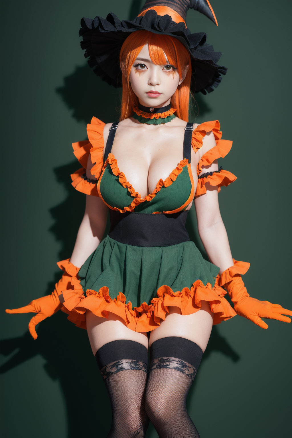 1 japanese girl,  large_breasts, lingerie, lipsparted_lips,sitting, sky, spread_legs, thighhighs, thighs, watermark,
BREAK
（eye focus,Character focus, (looking_at_viewer:1.2), <lora:add_detail:0.8> ,
(orange and deep-green theme:1.2), (fusion of witch costume and dirndl:1.3), (black theme:1.1), ((black witch-hat, black pointy hat) with ribbon:1.4), (orange apron over skirt:1.4), (deep-green (ruffle-skirt, multilayer-skirt):1.4), ((bustier, waist cincher):1.3), (white short puff-sleeve:1.3), (deep-green and orange striped-pattern over-knee-socks:1.3), ((black evening-glove, choker, frills):1.2), (black High-heels:1.1), (Halloween print on apron:1.3),
