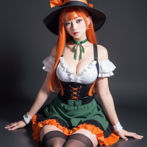 1 japanese girl,  large_breasts, lingerie, lipsparted_lips,sitting, sky, spread_legs, thighhighs, thighs, watermark,
BREAK
（eye focus,Character focus, (looking_at_viewer:1.2),  ,
(orange and deep-green theme:1.2), (fusion of witch costume and dirndl:1.3), (black theme:1.1), ((black witch-hat, black pointy hat) with ribbon:1.4), (orange apron over skirt:1.4), (deep-green (ruffle-skirt, multilayer-skirt):1.4), ((bustier, waist cincher):1.3), (white short puff-sleeve:1.3), (deep-green and orange striped-pattern over-knee-socks:1.3), ((black evening-glove, choker, frills):1.2), (black High-heels:1.1), (Halloween print on apron:1.3),