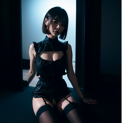 1 japanese girl, large_breasts, lingerie, lipsparted_lips,sitting, sky, spread_legs, thighhighs, thighs, watermark, BREAK （eye focus,Character focus, (looking_at_viewer:1.2), , arm at her side, collared dress
(Dark room:1.8), dimly lit, lingerie, curtains are closed, shadows, darkness,