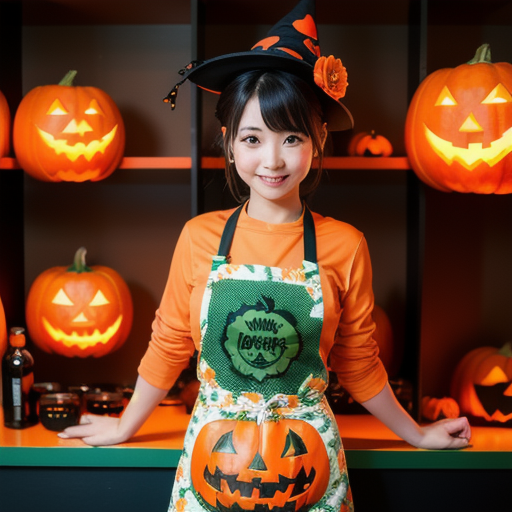 1 japanese girl,
(orange and deep-green theme:1.2), (black High-heels:1.1), (Halloween print on apron:1.3),