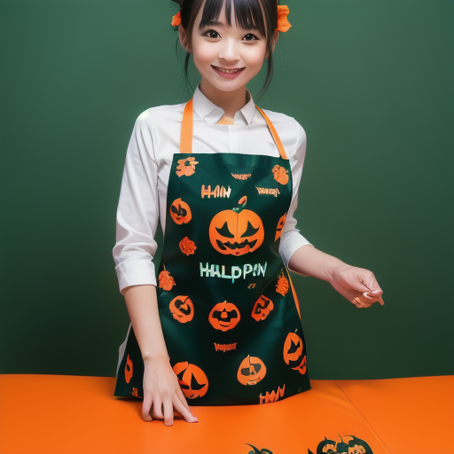 1 japanese girl,
(orange and deep-green theme:1.2), (black High-heels:1.1), (Halloween print on apron:1.3),