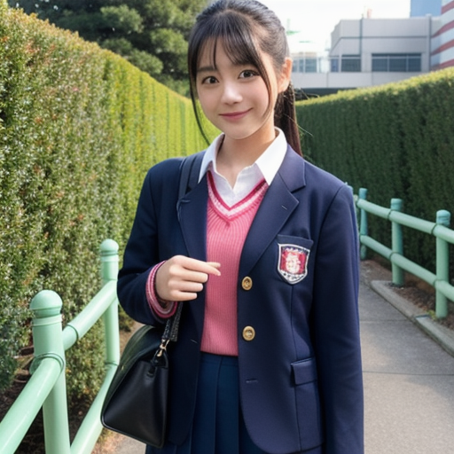 女子高生,制服，15才，ニーハイソックス, ポニーテール,高品質,校舎の背景