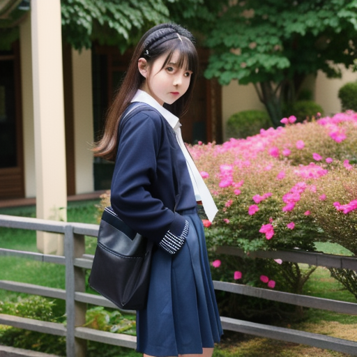 女子高生,制服，15才，ニーハイソックス, ポニーテール,高品質,校舎の背景