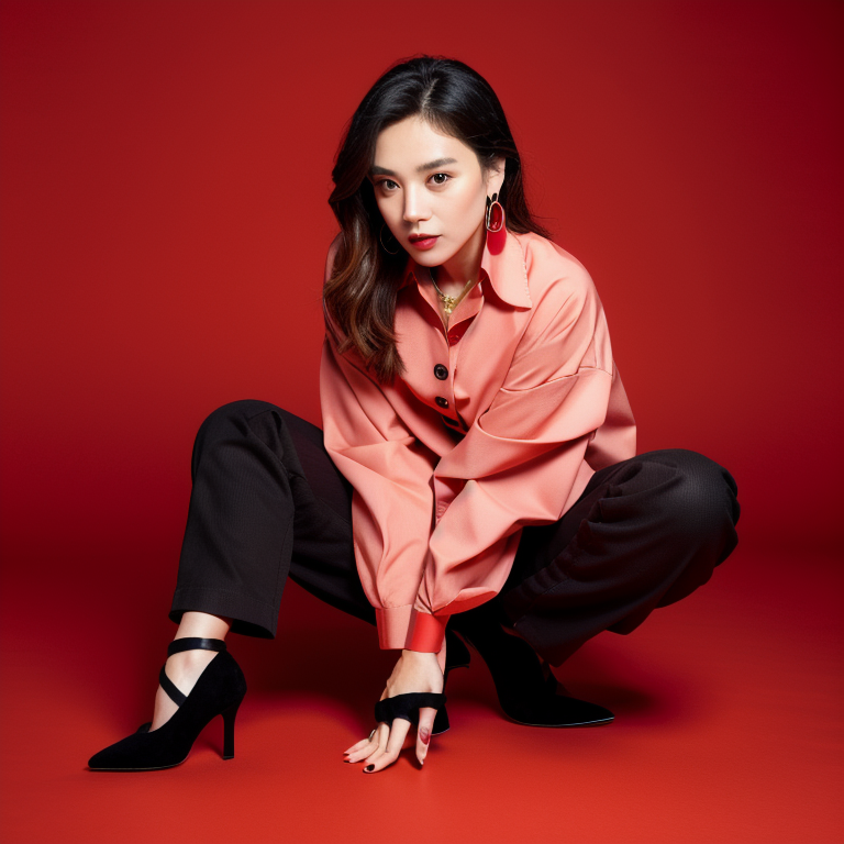 BREAK (red theme:1.4), (tucked out and button-up oversized red collared-shirt with red shirt-hem:1.5), (long sleeves:1.2), ((collarbone, wrist):1.3),
BREAK (black theme:1.2), (black tight long-pants:1.2), (ankle:1.3), (high heels:1.2), ((necklace, earrings):1.2),