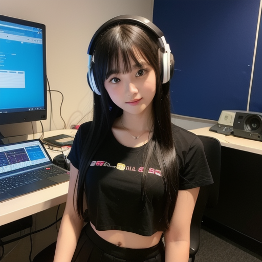 Popular, striving for dreams, high school girl, practicing singing, black hair, thin waist, blue eyes, voice training, singing in the recording room, wearing headphones, high quality,