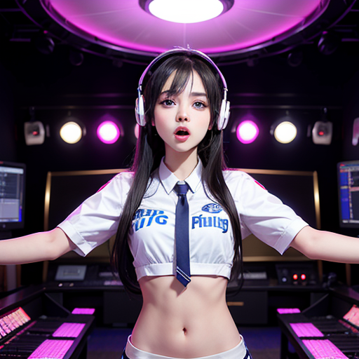 Popular, striving for dreams, high school girl, practicing singing, black hair, thin waist, blue eyes, voice training, singing in the recording room, wearing headphones, high quality,