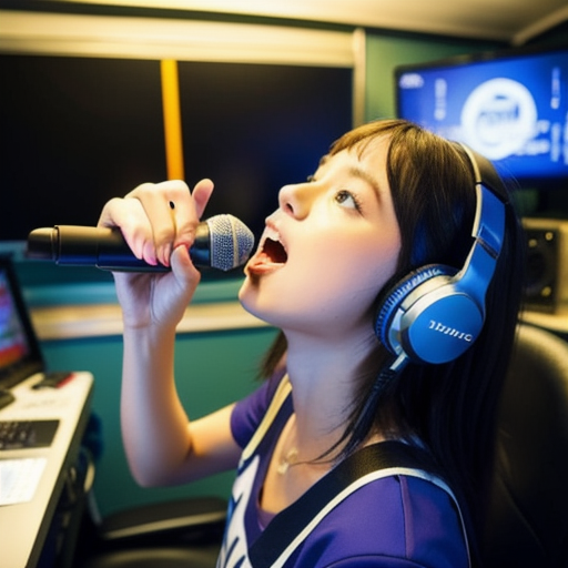 Popular, striving for dreams, high school girl, practicing singing, black hair, thin waist, blue eyes, voice training, singing in the recording room, wearing headphones, high quality,