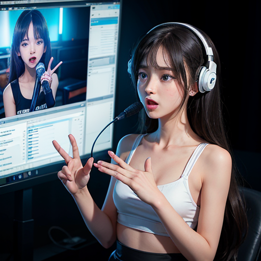 Popular, striving for dreams, high school girl, practicing singing, black hair, thin waist, blue eyes, voice training, singing in the recording room, wearing headphones, high quality,