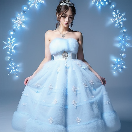 BREAK (white and light-blue theme:1.5), ((elegant style, gorgeous):1.2), ((light-blue princess dress with white fluffy fur, light-blue hoop skirt):1.4), (snowflake-symbol print on dress:1.4), ((strapless, bare shoulders):1.3), (extremely precise embroidery:1.3), (fluffy fur:1.3), (A necklace made of countless gems:1.2), (high heels:1.1),