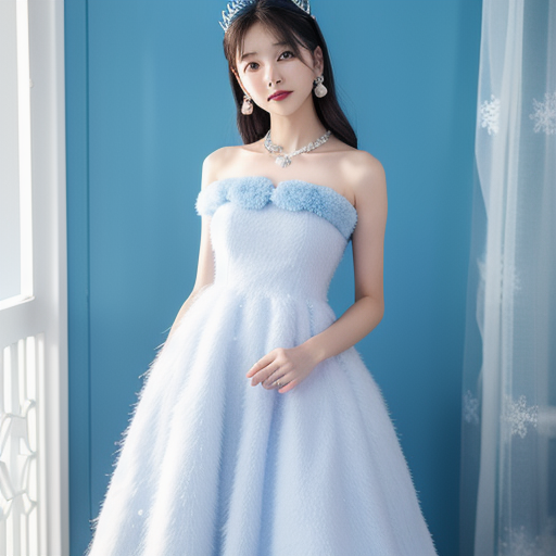 BREAK (white and light-blue theme:1.5), ((elegant style, gorgeous):1.2), ((light-blue princess dress with white fluffy fur, light-blue hoop skirt):1.4), (snowflake-symbol print on dress:1.4), ((strapless, bare shoulders):1.3), (extremely precise embroidery:1.3), (fluffy fur:1.3), (A necklace made of countless gems:1.2), (high heels:1.1),