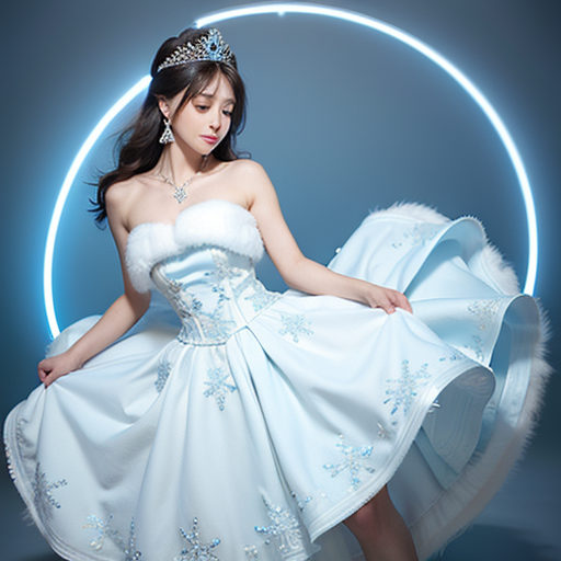 BREAK (white and light-blue theme:1.5), ((elegant style, gorgeous):1.2), ((light-blue princess dress with white fluffy fur, light-blue hoop skirt):1.4), (snowflake-symbol print on dress:1.4), ((strapless, bare shoulders):1.3), (extremely precise embroidery:1.3), (fluffy fur:1.3), (A necklace made of countless gems:1.2), (high heels:1.1),